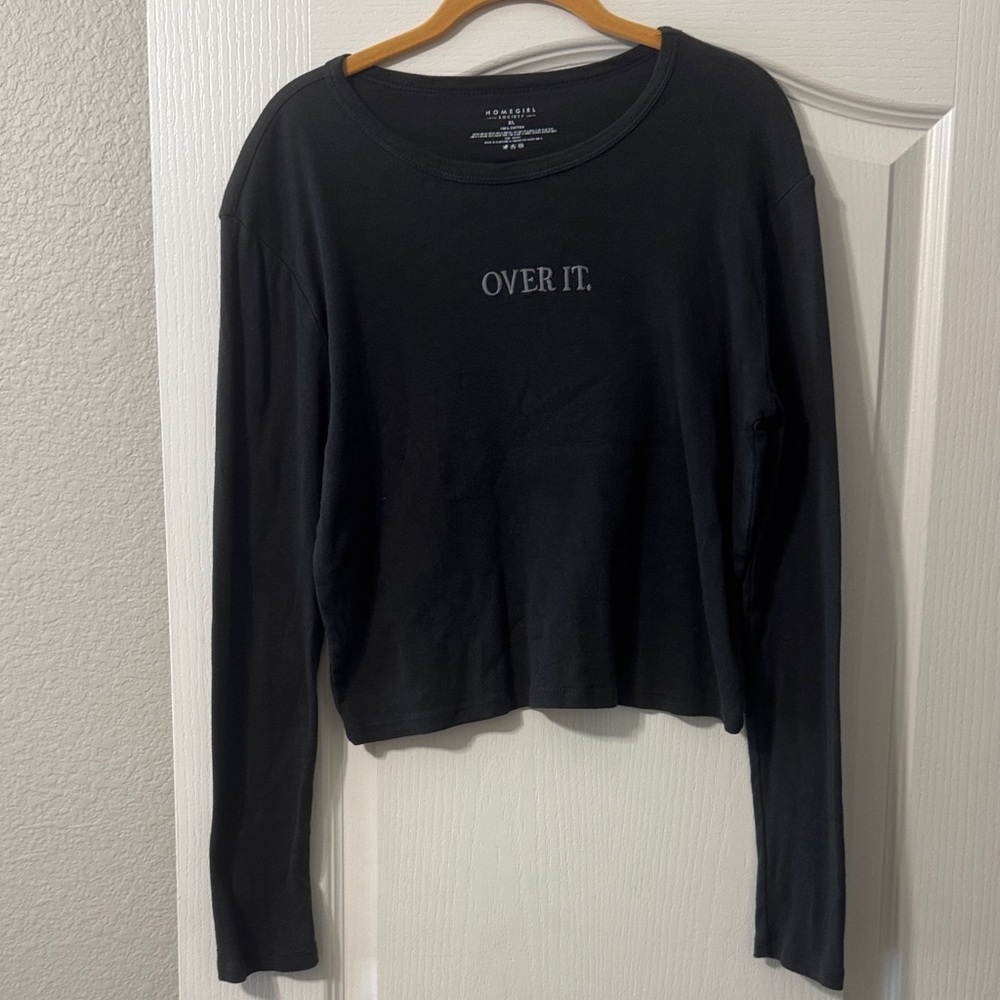 Homegirl Society XL Charcoal Long-Sleeve Crop Tee with "OVER IT." Print